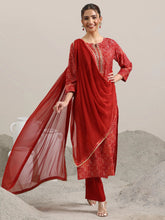 RED COLOURED  WOMEN'S VISCOSE RAYON KURTA WITH  DUPATTA SET